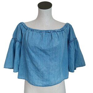 Madewell Top Blue Chambray Cropped Off Shoulder Boho Peasant Style Womens Small